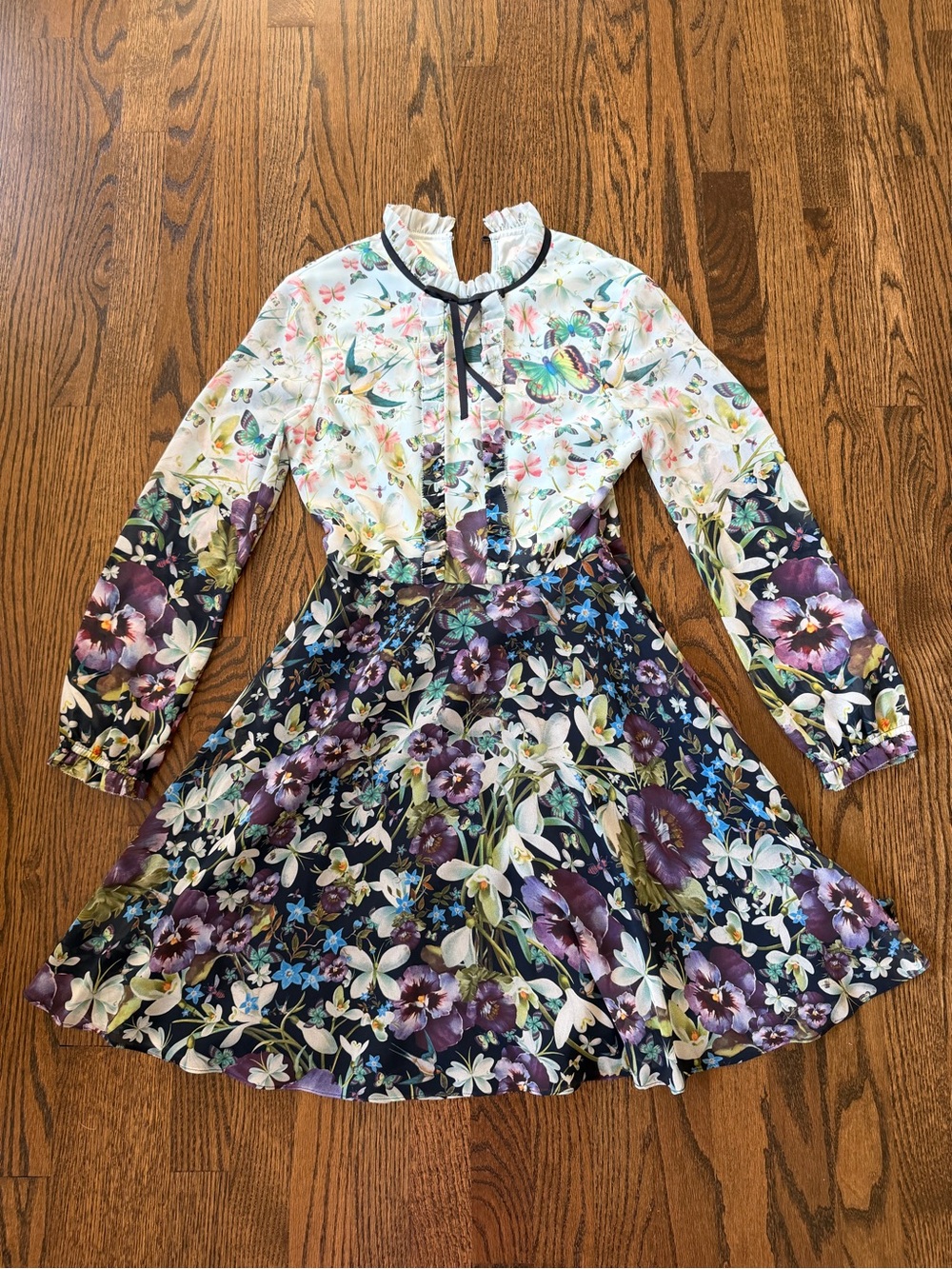 NWOT Ted Baker Floral Long-Sleeve Dress in Purple and Blue